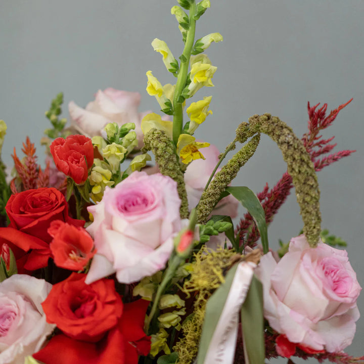 Flowers basket Golden Cherry with roses and matthiola