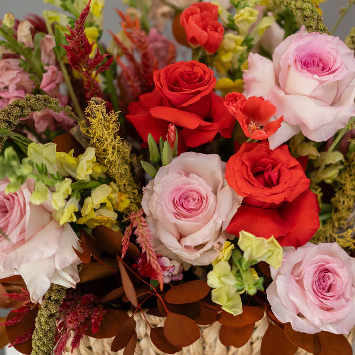 Flowers basket Golden Cherry with roses and matthiola