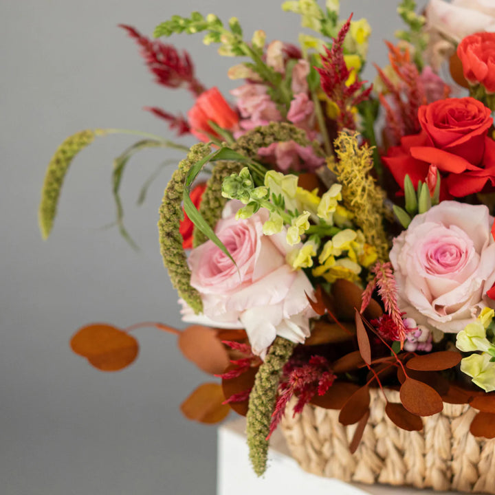 Flowers basket Golden Cherry with roses and matthiola