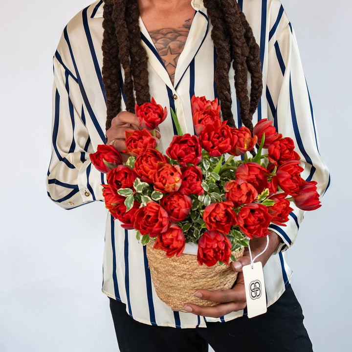 Flower basket "Red Garden" with red tulips