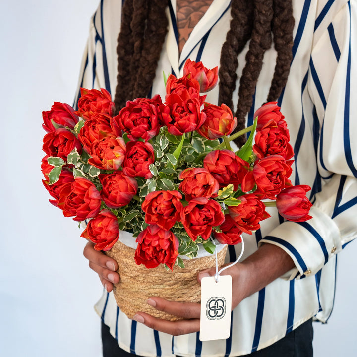 Flower basket "Red Garden" with red tulips