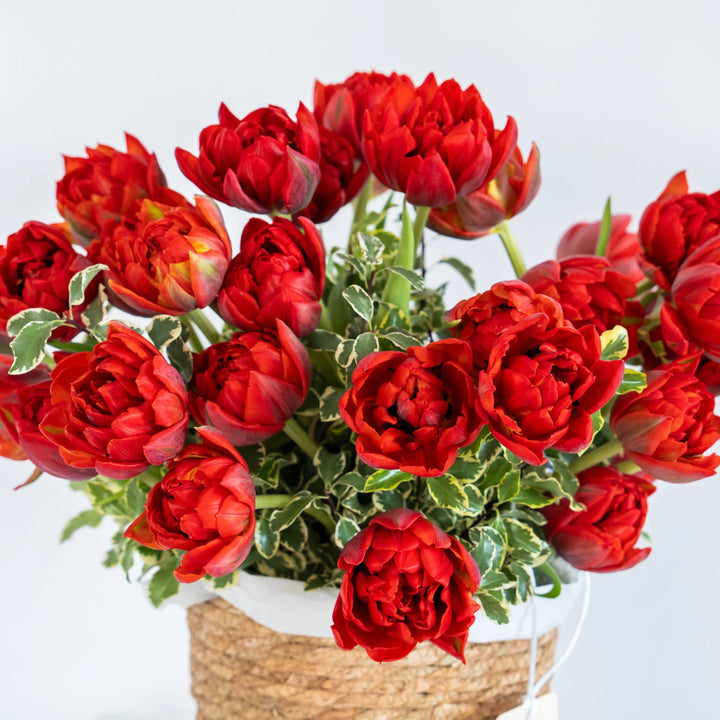 Flower basket "Red Garden" with red tulips