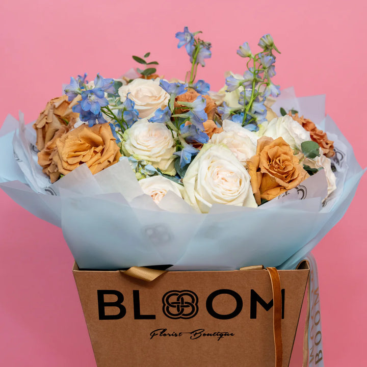 Classic bouquet "Cappuccino" with roses and delphinium